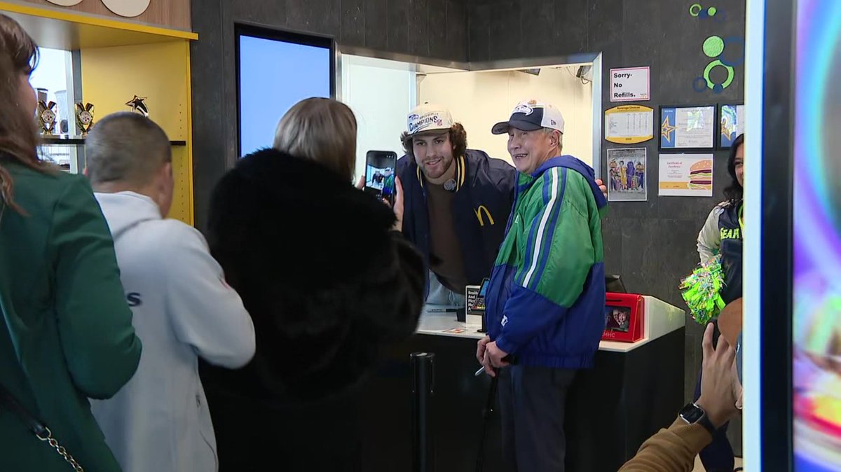 Happening now: AJ Barner continues the Seahawks to fast-food employee pipeline -- caught a TD, partied during the #seahawksparade and now is taking orders for mcnuggets.