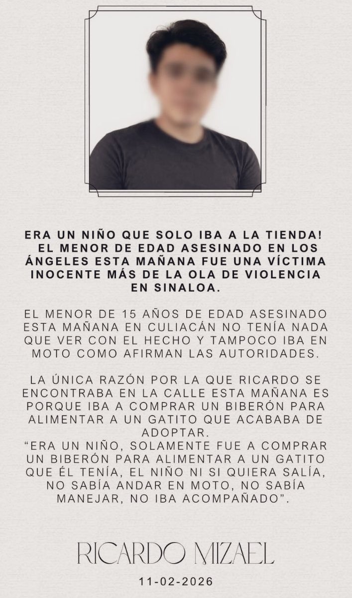 marianoosorio1's tweet photo. Lamentable, la violencia cobró otra víctima 

Tenía 15 años Ricardo Mizael, fue asesinado a tiros en Culiacán, Sinaloa.

Solo salió a la tienda a comprar un biberón para darle de comer a un gatito que había rescatado.

La Universidad Autónoma de Sinaloa, lo reconoció como destacado alumno y talentoso deportista en la rama del basquetbol.