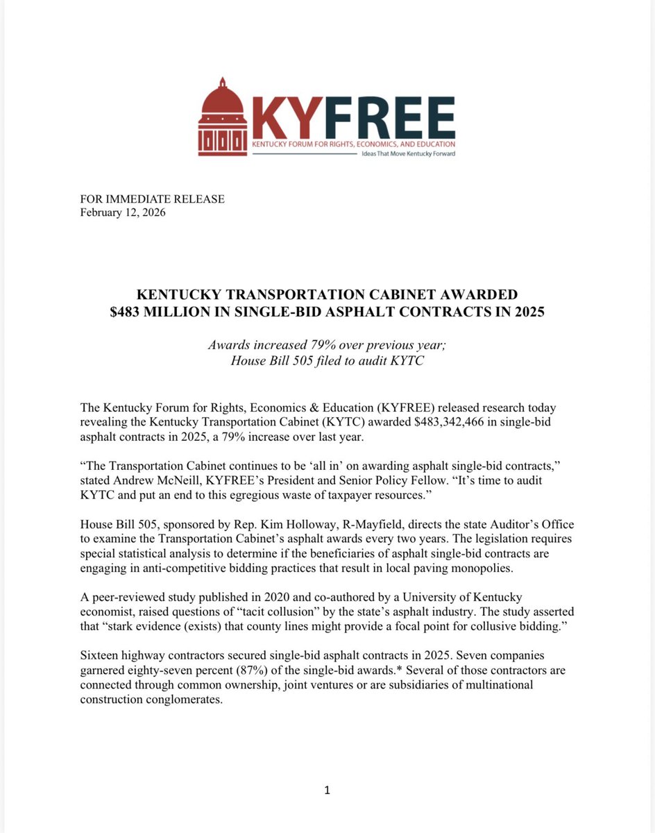 AVMcNeill's tweet photo. $483 million in asphalt single-bid contracts. It’s time to #AuditKYTC. https://t.co/u0jB4WlMMU