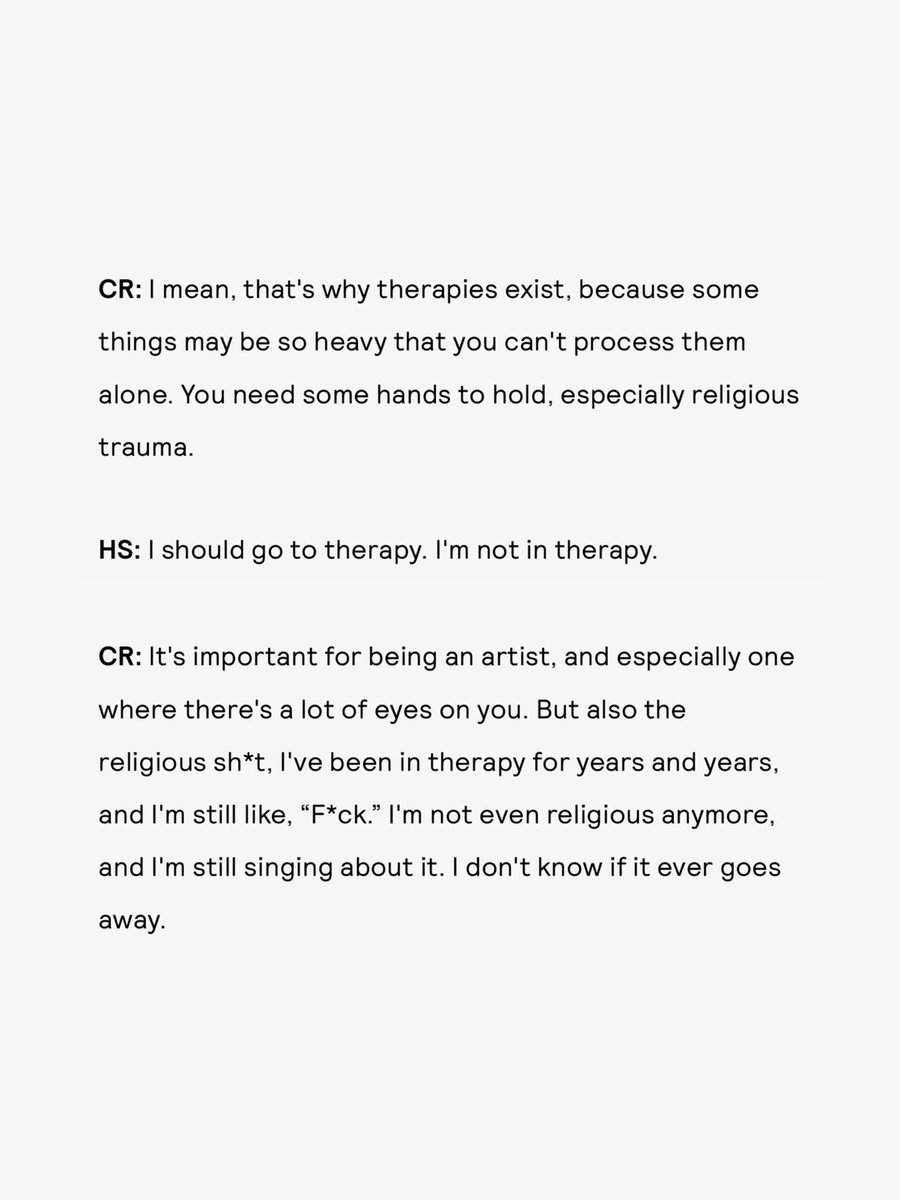 chappell roan on religious trauma during her interview with hemlocke springs for <a href="/NylonMag/">NYLON</a>:

“I’ve been in therapy for years and years, and I'm still like, “F*ck.” I'm not even religious anymore, and I'm still singing about it. I don't know if it ever goes away.”