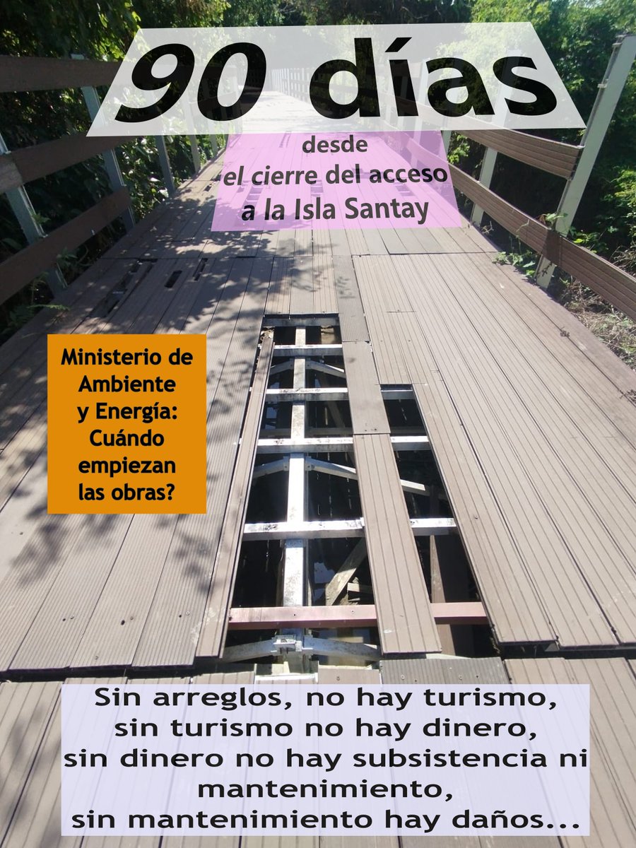 TRES MESES ya ! 90 días esperando reparaciones en la <a href="/islasantay/">Amigos de Santay</a> 
<a href="/EcuadorMAE/">Ministerio de Ambiente y Energía</a>
<a href="/MIT_Ecuador/">Ministerio de Infraestructura y Transporte 🇪🇨</a>
<a href="/goberguayasec/">Gobernación del Guayas</a>
<a href="/DiegoArcos14/">𝒟𝑖𝑒𝑔𝑜 𝒜𝑟𝑐𝑜𝑠 𝒮𝑎𝑎𝑣𝑒𝑑𝑟𝑎</a>
<a href="/ComunicacionEc/">Comunicación Ecuador 🇪🇨</a>
<a href="/Presidencia_Ec/">Presidencia Ecuador 🇪🇨</a>