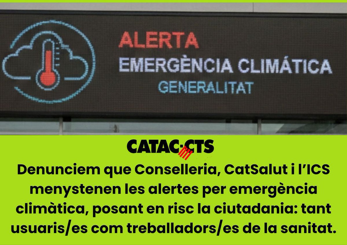 catacctsiac's tweet photo. https://t.co/fUPIjZ1Rvk

CATAC‑CTS hem denunciat l’ICS davant Interior i Seguretat Pública per ignorar les alertes d’emergència climàtica i obligar tot el personal a desplaçar-se, fins i tot quan l’activitat estava anul·lada.  
Aquesta manca de planificació vulnera la normativa de seguretat, genera caos organitzatiu i exposa innecessàriament usuaris/es i professionals.  
L’ICS ha decidit que “tot és essencial”, negant drets bàsics com el permís per força major, i posant en risc la salut i la seguretat de tothom.  
Exigim protocols clars, transparència i que es depurin responsabilitats.  
La seguretat no és opcional. Els drets tampoc.

#Catvent #ICS #Denuncia #EmergenciaClimatica #Seguretat