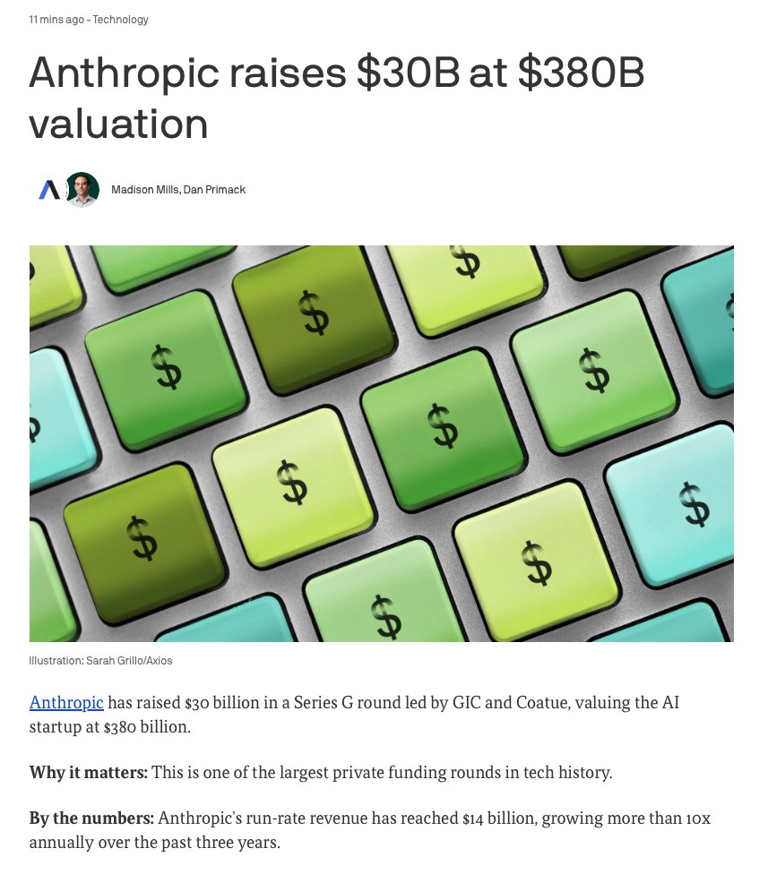 LuxAlgo's tweet image. Anthropic just raised $30B at a $380B valuation.

This makes a 5-year old AI company larger than ALL BUT 28 OTHER COMPANIES.

Wild.