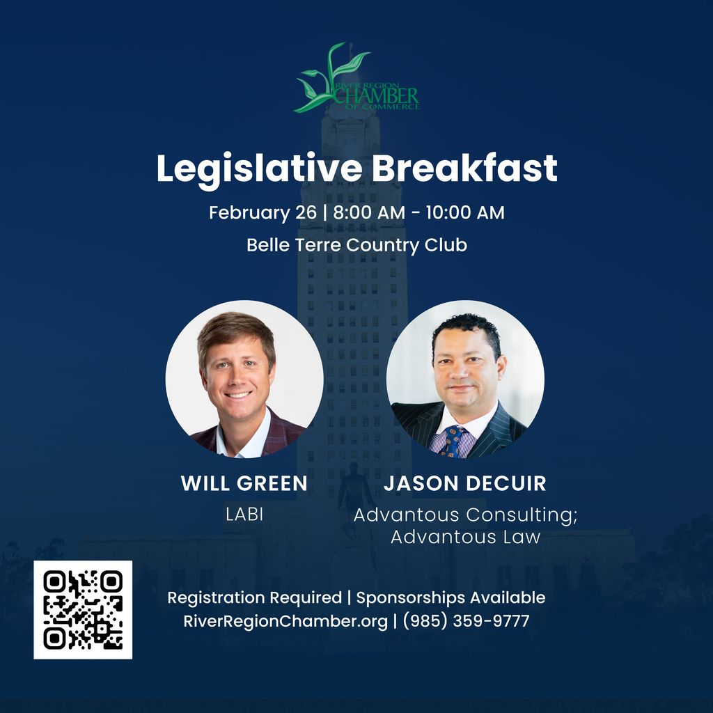 Join us Feb 26 for the Legislative Breakfast with Will Green (<a href="/LABI_biz/">LABI</a>) and Jason DeCuir (<a href="/AdvantousTax/">Advantous Consulting</a>) to discuss the 2026 legislative priorities impacting River Region businesses &amp; communities.

🔗 Register or sponsor: business.riverregionchamber.org/calendar/Detai…