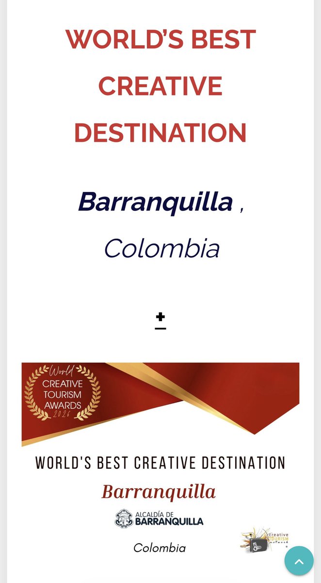 ¡Qué orgullo! Barranquilla fue reconocida como el Mejor Destino Creativo del mundo en los Creative Tourism Awards. 👏🏼

Este premio resalta el desarrollo sostenible, la creatividad y una oferta turística que está conectada con nuestra identidad local. Con escenarios como el Gran