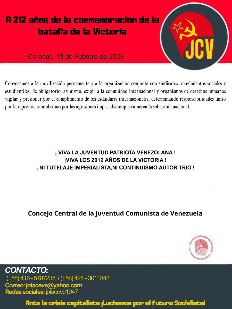 Jotaceve1947's tweet photo. #12Feb | A 212 años de la Batalla de La Victoria, la Juventud Comunista de Venezuela (JCV) , seguimos en pie de lucha por la defensa de la educación pública, gratuita y de calidad, y contra toda forma de represión al movimiento popular. https://t.co/EEnxO1oby9