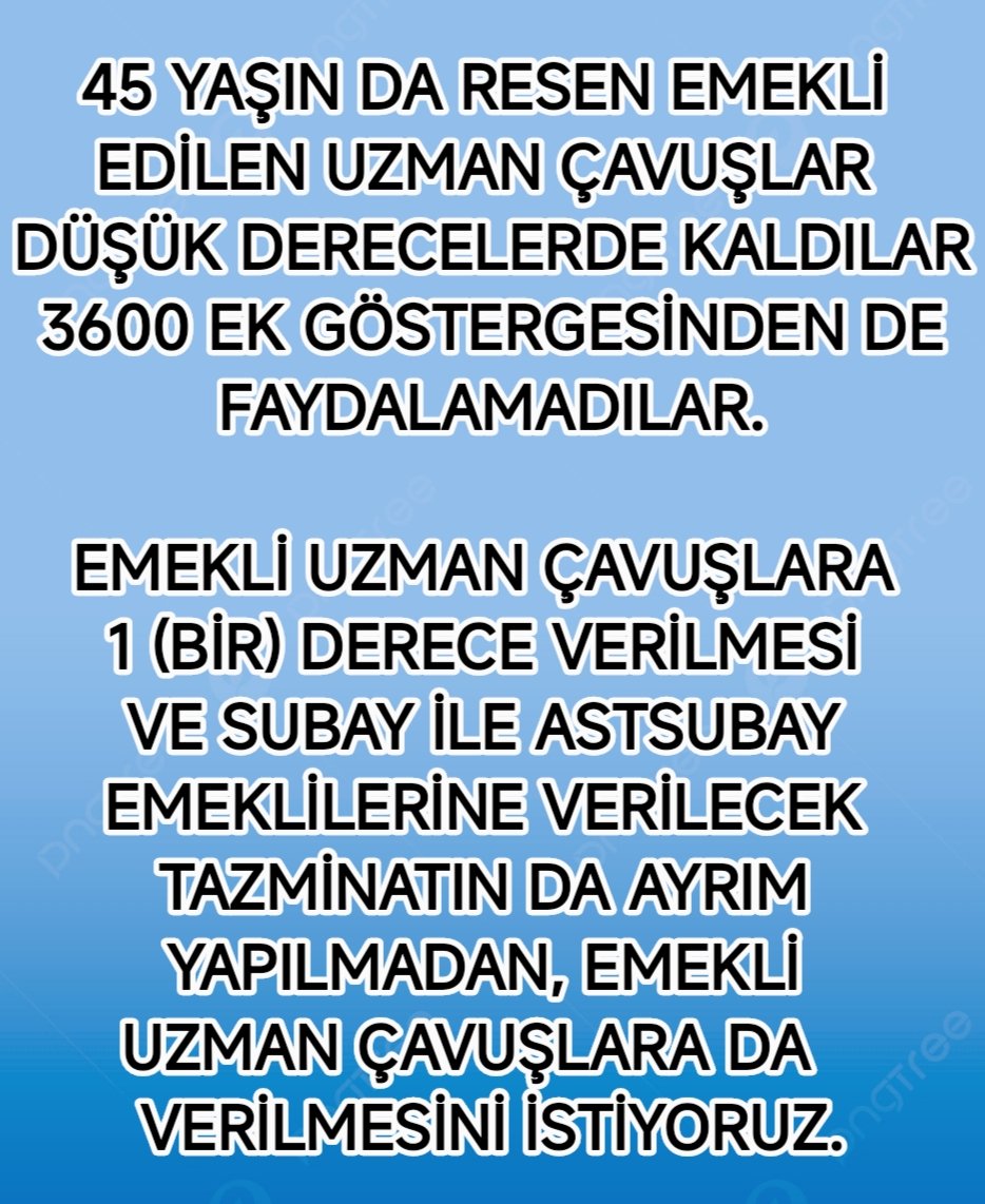 <a href="/ibrahim_0634/">İbrahim Akduman (1)</a> <a href="/slamGKSAL127401/">GÖKSAL</a> <a href="/Albayrak718007/">Albayrak</a> <a href="/akcaa158/">Ali -A-K-C-A-</a> <a href="/MuratNR3/">Murat ÖNÜR</a> <a href="/RTErdogan/">Recep Tayyip Erdoğan</a> <a href="/MHP_Bilgi/">MHP</a> <a href="/MhpTbmmGrubu/">MHP TBMM Grubu #MHP</a> <a href="/dbdevletbahceli/">Devlet Bahçeli</a> <a href="/yasaryldrmMHP/">Yaşar Yıldırım</a> <a href="/buyukataman/">İsmet Büyükataman</a> <a href="/erkanakcay45/">Erkan Akçay</a> <a href="/E_SemihYalcin/">E. Semih Yalçın</a> <a href="/sadirdurmaz/">Sadir Durmaz 🇹🇷</a> <a href="/UlviYonter/">Dr.İzzet Ulvi YÖNTER</a> <a href="/ismailozdemirrr/">İsmail ÖZDEMİR 🇹🇷</a> <a href="/muharremvarli01/">Muharrem VARLI</a> <a href="/AyseSibelErsoy/">Ayşe Sibel Ersoy🇹🇷</a> <a href="/MehmetTaytakMHP/">Mehmet Taytak</a> <a href="/MevltKarakaya25/">Mevlüt Karakaya</a> <a href="/TEMUD_2024/">Türkiye Emekli Uzman Erbaşlar Derneği (TEMUD)</a> <a href="/alitilkici38/">Ali Tilkici 🇹🇷</a> <a href="/55erhanusta/">Dr. Erhan Usta</a> <a href="/ahmetyarici31/">Ahmet YARICI</a> <a href="/alimahir/">Ali Mahir Başarır</a> <a href="/av_gundogan/">Av. Ali Erdem GÜNDOĞAN</a> <a href="/bbpgenelmerkez/">BÜYÜK BİRLİK PARTİSİ</a> <a href="/burhanduran/">Burhanettin Duran</a> <a href="/cemacikgozz/">Cem Açıkgöz</a> <a href="/cemkucuk55/">Cem Küçük</a> <a href="/tcsavunma/">T.C. Millî Savunma Bakanlığı</a> <a href="/tcbestepe/">T.C. Cumhurbaşkanlığı</a> <a href="/TC_icisleri/">T.C. İçişleri Bakanlığı</a> <a href="/_cevdetyilmaz/">Cevdet Yılmaz</a> <a href="/TBMMGenelKurulu/">TBMM Genel Kurulu</a> <a href="/Akparti/">AK Parti</a> <a href="/nacibostanci/">M. Naci Bostancı</a> <a href="/akbasogluemin/">Av. M.Emin AKBAŞOĞLU 🇹🇷</a> <a href="/AliYerlikaya/">Ali Yerlikaya</a> <a href="/mustafaelitas/">Mustafa Elitaş</a> <a href="/memetsimsek/">Mehmet Simsek</a> 13.02.2011 tarihli resmi gazetenin 6111 sayılı kanununa 100 numaralı maddesiyle 64'ncü madde eklenerek
Mücavir bölgede çalışan bütün devlet memurlarına ARTI+2 yılda 1 kademe verildi.Bu uygulamadan 45 yaşında zorla emekli edilen #UzmanÇavuş'larında yararlandırılmalarını istiyoruz