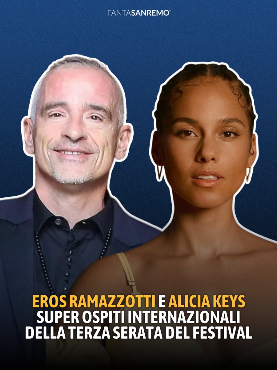 FantaSanremo's tweet image. 🚨 Breaking News 🚨

Carlo Conti ha appena annunciato al #Tg1 due super ospiti internazionali: Eros Ramazzotti e Alicia Keys insieme sul palco nella terza serata!

#carloconti #erosramazzotti #aliciakeys #fantasanremo #sanremo2026