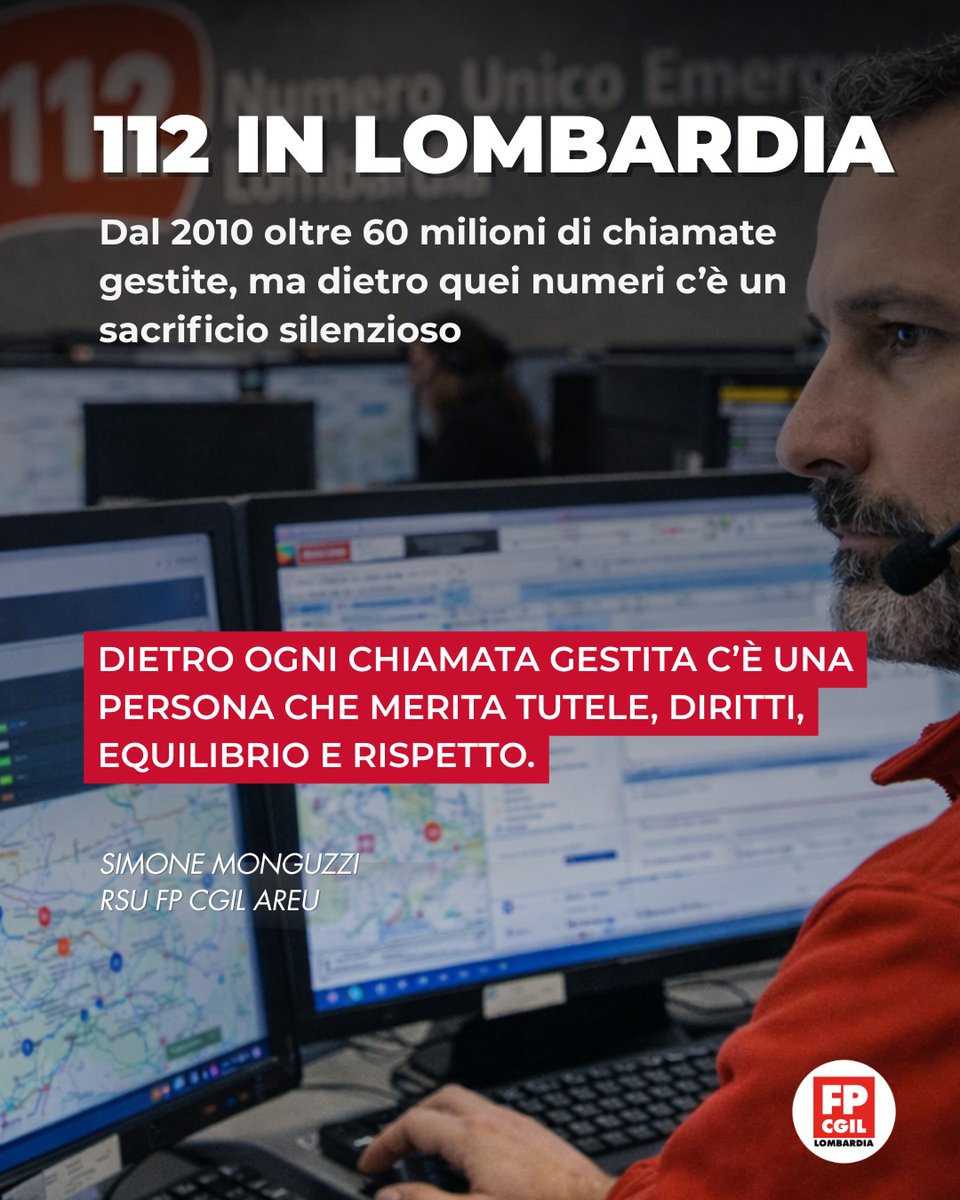 FpCgilLombardia's tweet photo. 112 in Lombardia / Oltre 60 milioni di chiamate dal 2010: Fp Cgil, “Servono tutele reali per chi risponde”

Simone Monguzzi, Rsu in #Areu, richiama l’attenzione sulle condizioni di lavoro nelle Centrali Uniche di Risposta

https://t.co/oBXH5lFo7E

#nue112 #lombardia #fpcgil https://t.co/CionsyT5LY