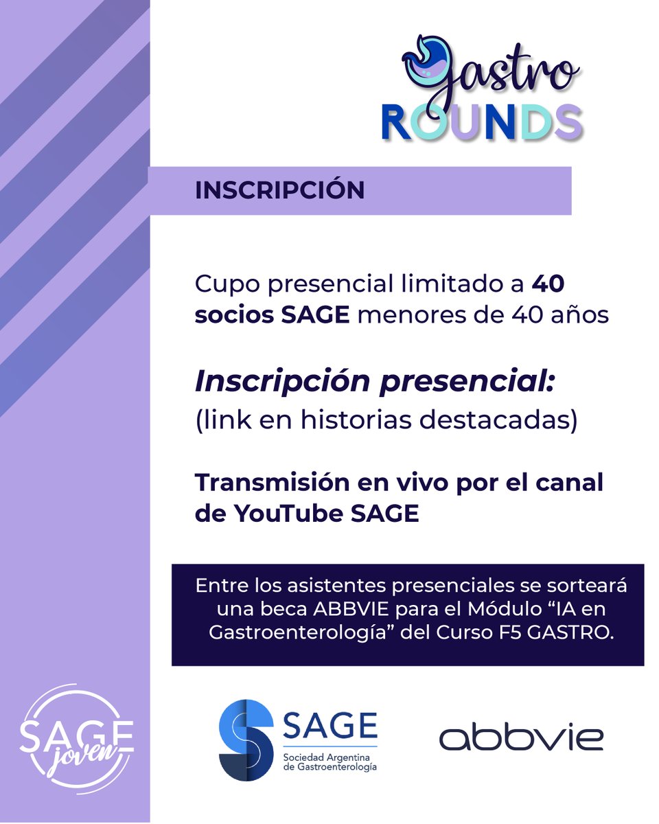 Primer encuentro de Gastrorounds
DISCUSIÓN DE CASOS CLÍNICOS – SAGE JOVEN
Inscripción:
👉 docs.google.com/forms/d/e/1FAI…

Se sorteará entre los asistentes presentes una beca otorgada por ABBVIE para el Módulo “IA en gastroenterología” del Curso F5 GASTRO.