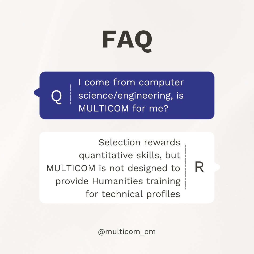 multicom_em's tweet image. FAQ
💡 CS/Engineering background? Quant skills are valued, but #MULTICOM is mainly for language &amp;amp; communication profiles
✈️ Study path: Murcia 🇪🇸 → Lund 🇸🇪 → Erlangen 🇩🇪 → Thesis (flexible)
📩 Updates: multicom-em.eu
#ErasmusMundus #StudyInEU #MultimodalCommunication