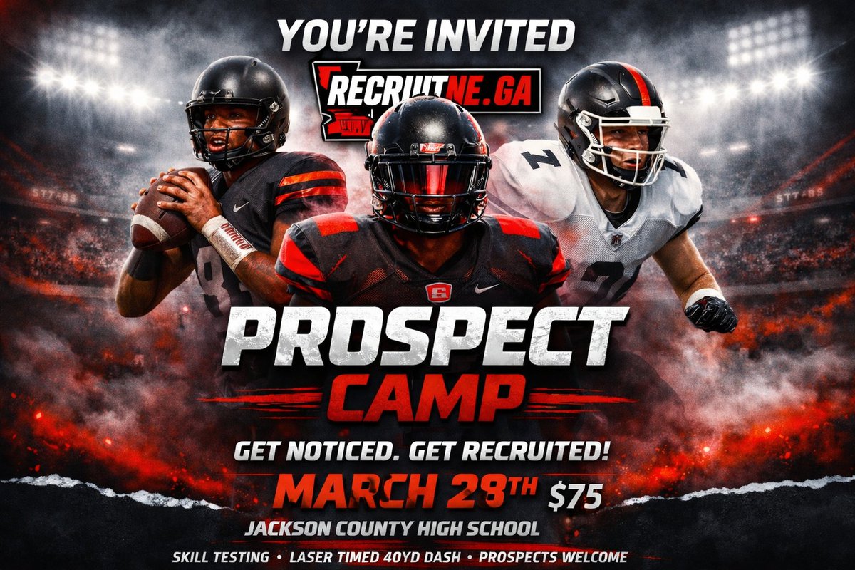 🏈 YOU’RE INVITED 🏈

RecruitNE_GA Prospect Camp
📅 March 29, 2026
📍 Jackson County High School
👌Open to All Prospects | Classes of 2027–2030

<a href="/RecruitNE_GA/">RecruitNE_GA</a> is hosting an elite prospect camp designed to provide real exposure, verified performance data, and media coverage for