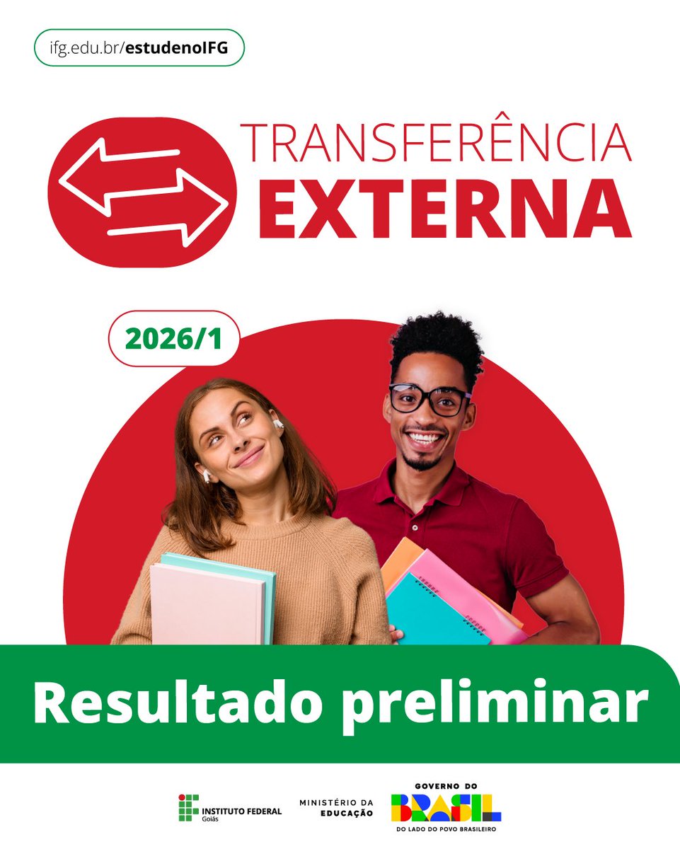 [Transferência Externa]

📰O IFG publicou o resultado preliminar da seleção 2026/1 para transferências externas para cursos de graduação.
📆O resultado final será divulgado na próxima sexta-feira, dia 13.

🔗Saiba mais: ifg.edu.br/component/cont…