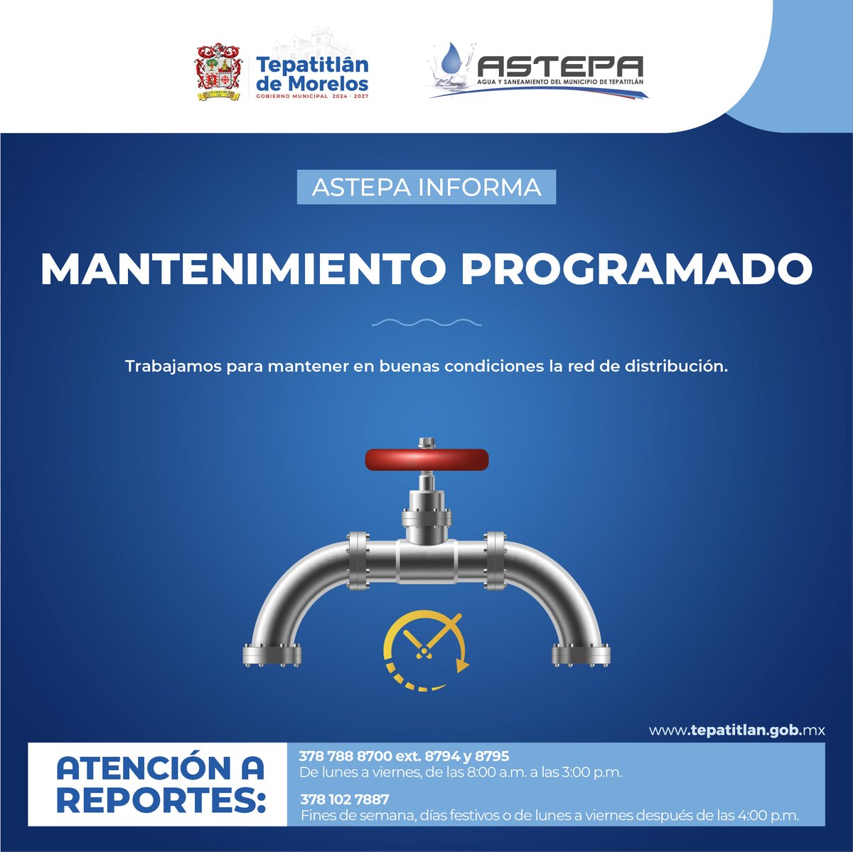 💧🚧 #ASTEPAInforma: Hoy desde las 6:00 p.m. se suspende el servicio en colonia Gloria Sur, en el cuadrante de Guadalupe Victoria entre Cesáreo González, Tomás Martín y Av. Carnicerito.

⏰ El servicio se reactivará mañana miércoles por la mañana. Gracias por su comprensión. 💙