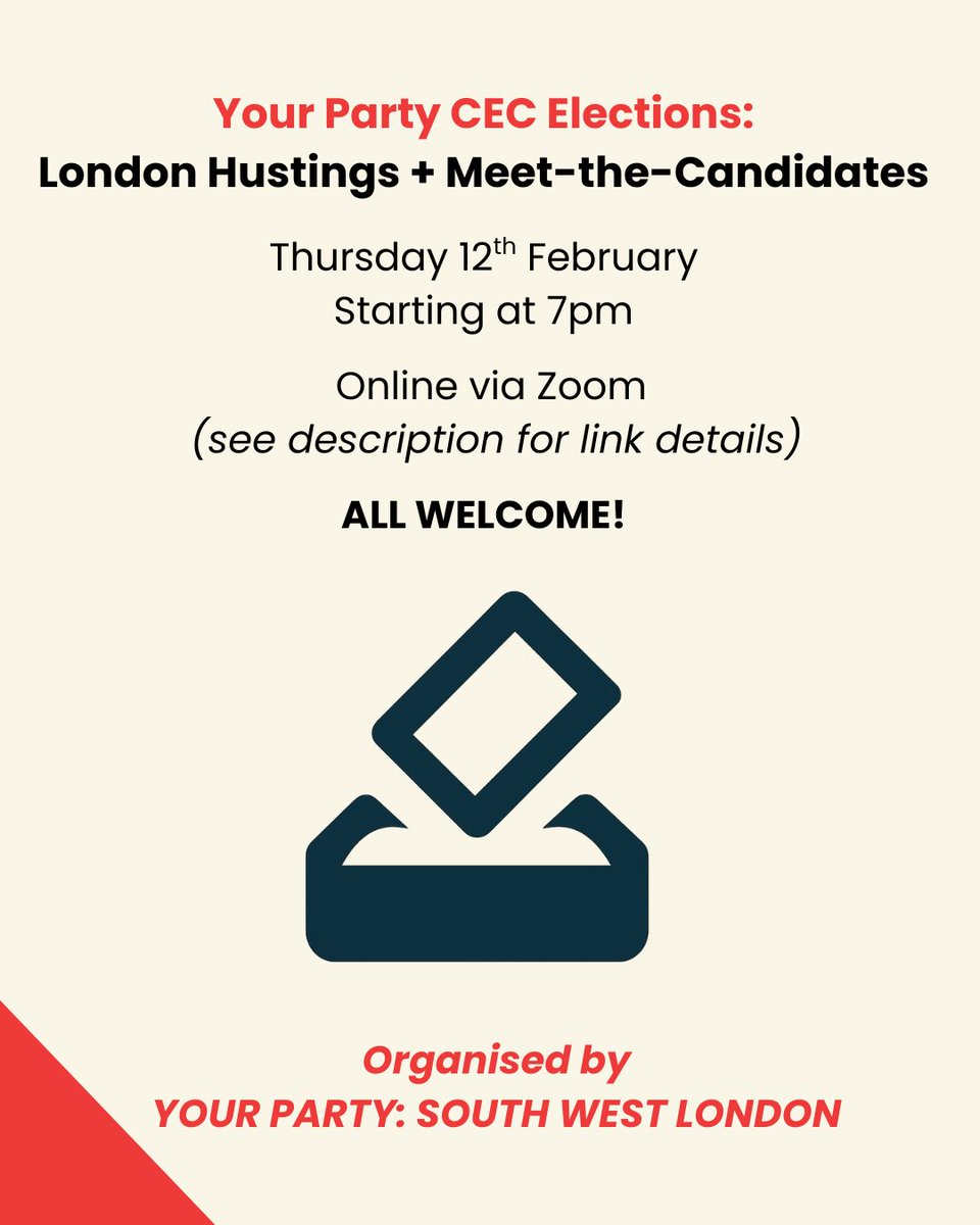 SWL_Socialists's tweet photo. 💬Your Party CEC Elections: Hustings + Meet-the-Candidates
🚩Organised by Your Party: South West London
⏰Thursday 12th February, starting at 7:00pm
📍Online - DM us for the link! 

#yourparty https://t.co/mbh17T0in5