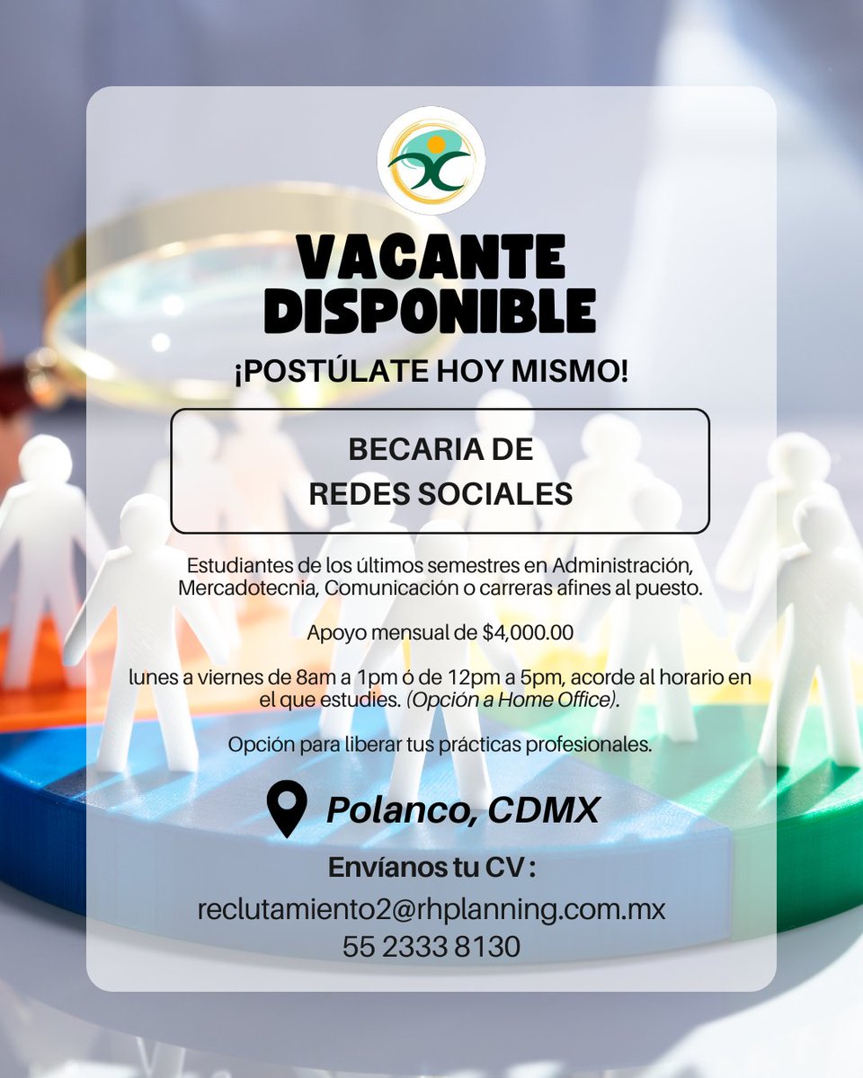 RhPlanningMx's tweet photo. 💼VACANTE DISPONIBLE

¡Únete al equipo de RH Planning!

-Zona: #Polanco 
-Estudiantes de Mercadotecnia o afines
-Opción para liberar prácticas
-lunes a viernes

Compártenos tu CV al correo:
✉️ reclutamiento2@rhplanning.com.mx

Más información al:
📞55 2333 8130

@LosCazaVacantes https://t.co/3IuIZ5YZ5l