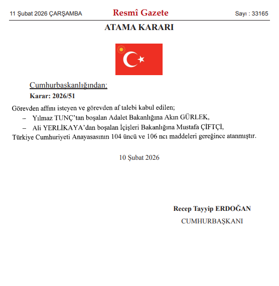 bosunatiklama's tweet photo. Bugün yayımlanan Resmî Gazete'deki atama kararları:

Görevden affını isteyen ve görevden af talebi kabul edilen;

• Yılmaz Tunç'tan boşalan Adalet Bakanlığına Akın Gürlek,
• Ali Yerlikaya'dan boşalan İçişleri Bakanlığına Mustafa Çiftçi atanmıştır. https://t.co/QpXY5xgHF1