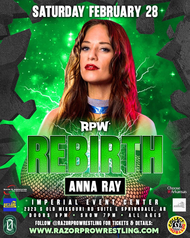 Anna Ray is Cut From A Different Cloth.

Saturday, February 28th

Imperial Event Center
Springdale, AR 72764

Mark your calendars, bring your friends, and see you there! 🗓️

Follow razorprowrestling.com for tickets + details 🎟️

#razorprowrestling #rpw #prowrestling