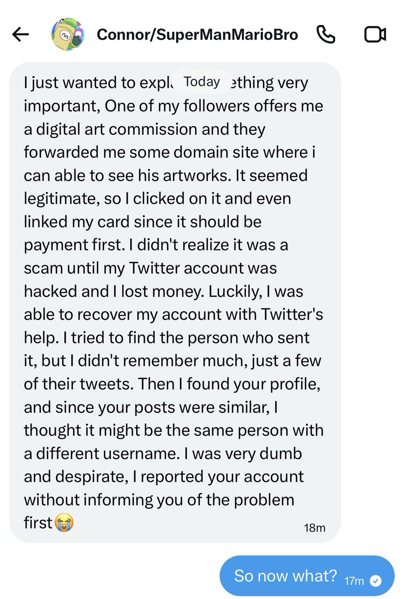 MarioMan613's tweet photo. Here are a couple DMs I received today along with a Reddit post I found about what’s going on here. It seems that this person’s account was hacked. Be careful if you receive a message from them, please do not provide any personal information or account details to them. https://t.co/Whbn2LOSTl