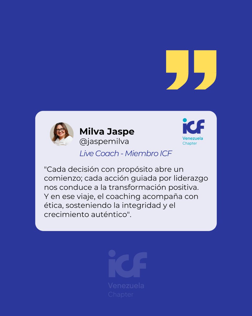 Hoy compartimos una frase de Milva Jaspe. Master Life Coach, directora de marketing y comunicaciones de ICF Capítulo Venezuela, quien nos invita a conectar las decisiones conscientes, el liderazgo y la ética como camino hacia una transformación auténtica.