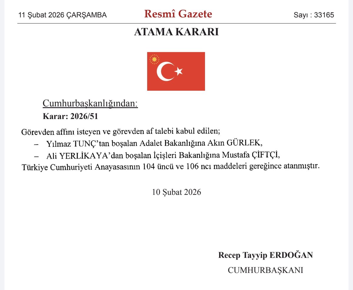 #SonDakika 🔴 Adalet Bakanlığı görevine Akın Gürlek, İçişlerine bakanlığına Mustafa Çiftçi atandı.