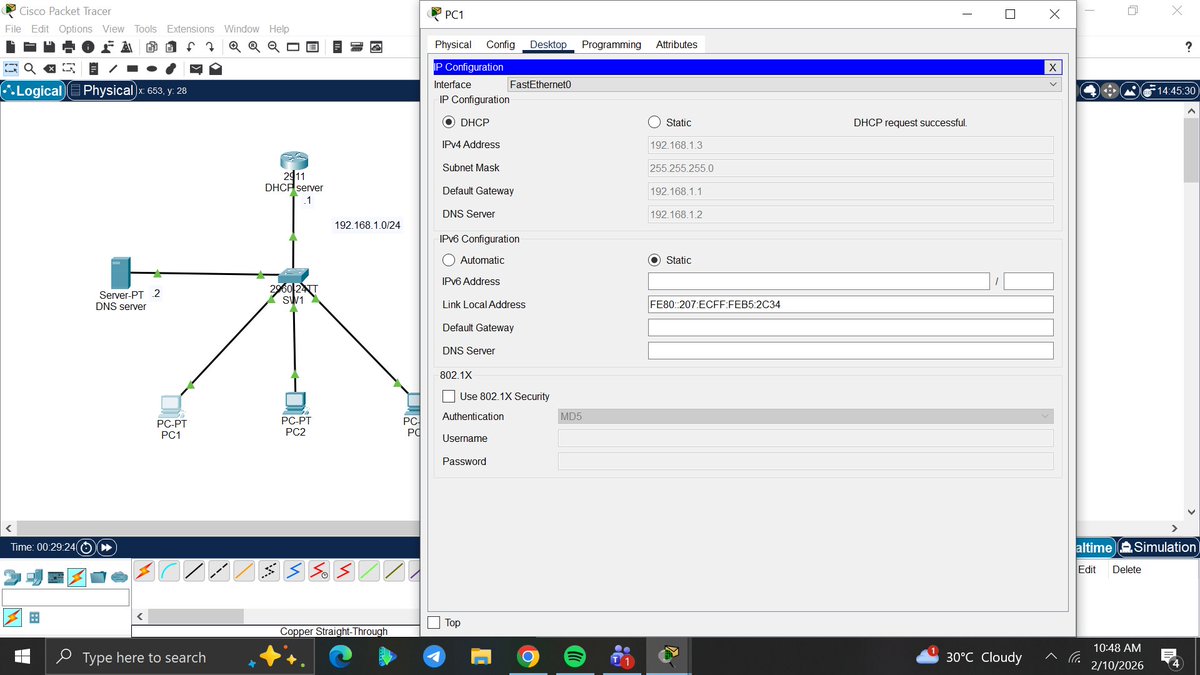 amyy_nwa's tweet photo. Day95/100 #100DaysOfNetworking
Configured a router with a custom pool for the subnet.
Implemented exclusion rules to prevent IP conflicts.
Built a local DNS record for the office center.
PCs successfully received it's configuration. @ireteeh @segoslavia @TemitopeSobulo https://t.co/t5XSKFIfXH