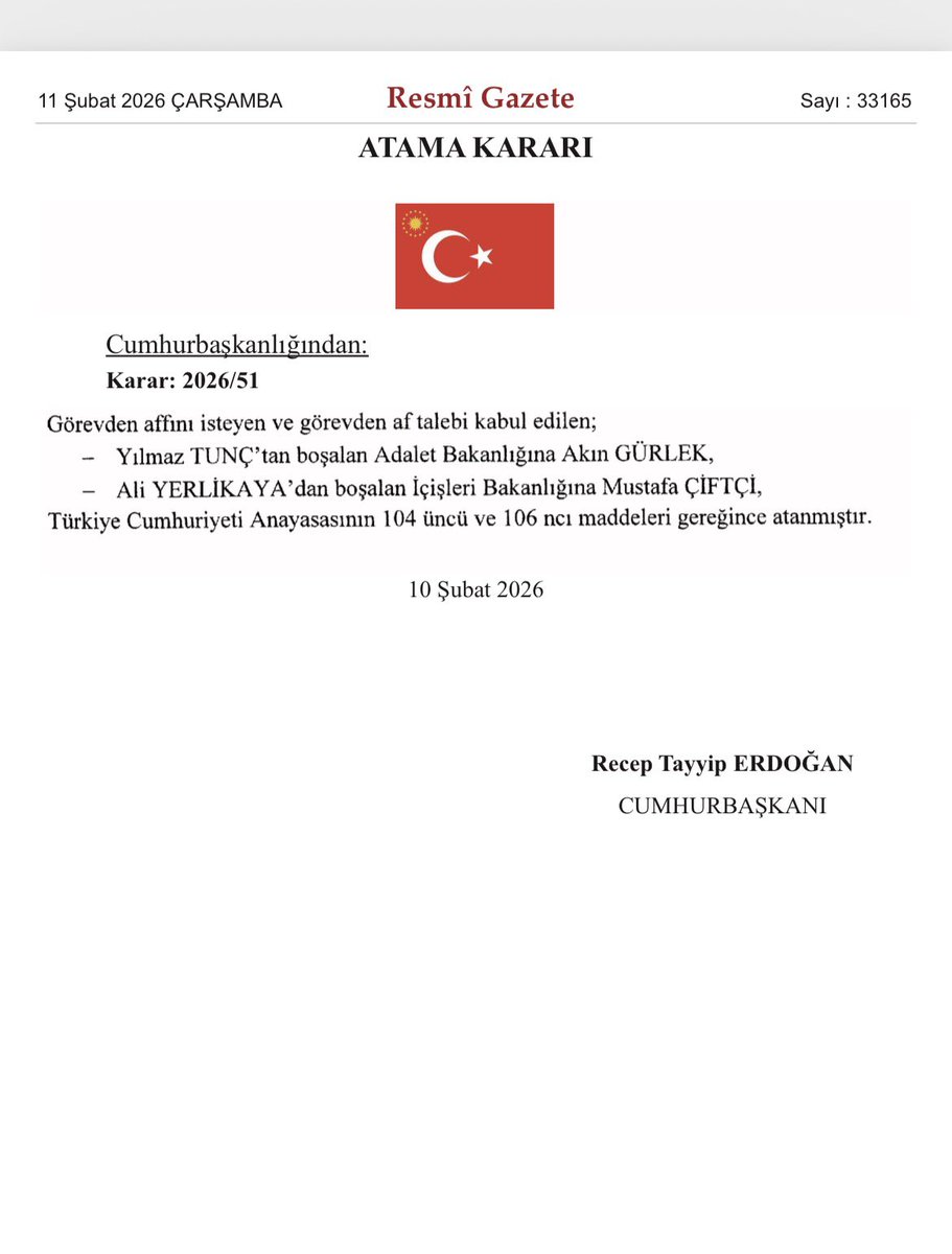 #SONDAKİKA 👇

Resmi Gazete'de yayımlanan kararla birlikte Adalet Bakanı Yılmaz Tunç yerine Akın Gürlek atandı. 

 İçişleri Bakanlığına ise Mustafa Çiftçi getirildi.

Hayırlı olsun...
