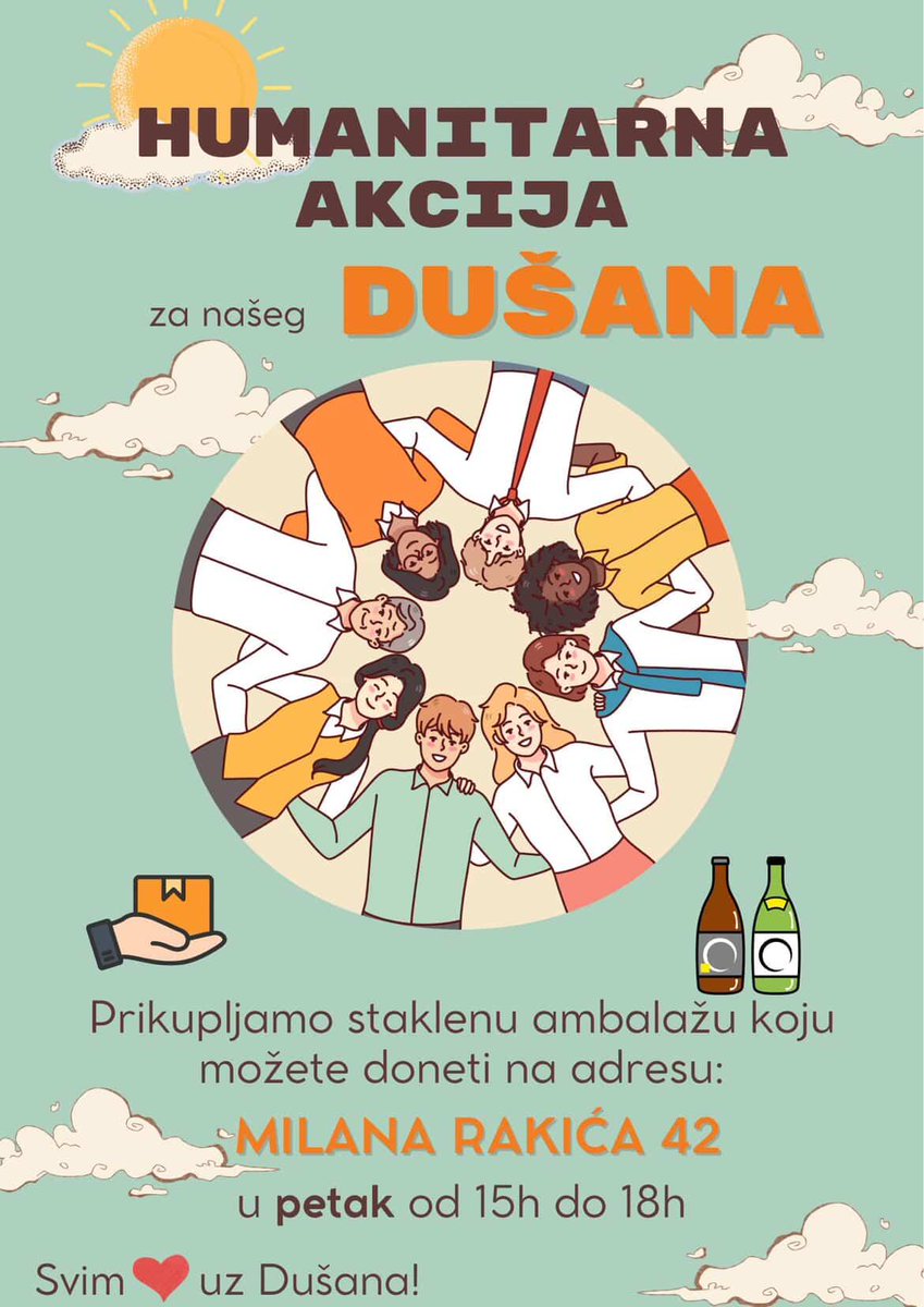 U petak 13. februara organizujemo humanitarnu akciju sakupljanja stakla za Dušana, koji boluje od Dišenove bolesti.

Da bismo pomogli, potrebno je da prikupimo što više staklenih ambalaža koje se prodaju, a sav prikupljeni novac ide za njegovo lečenje. Ambalaže možete doneti na