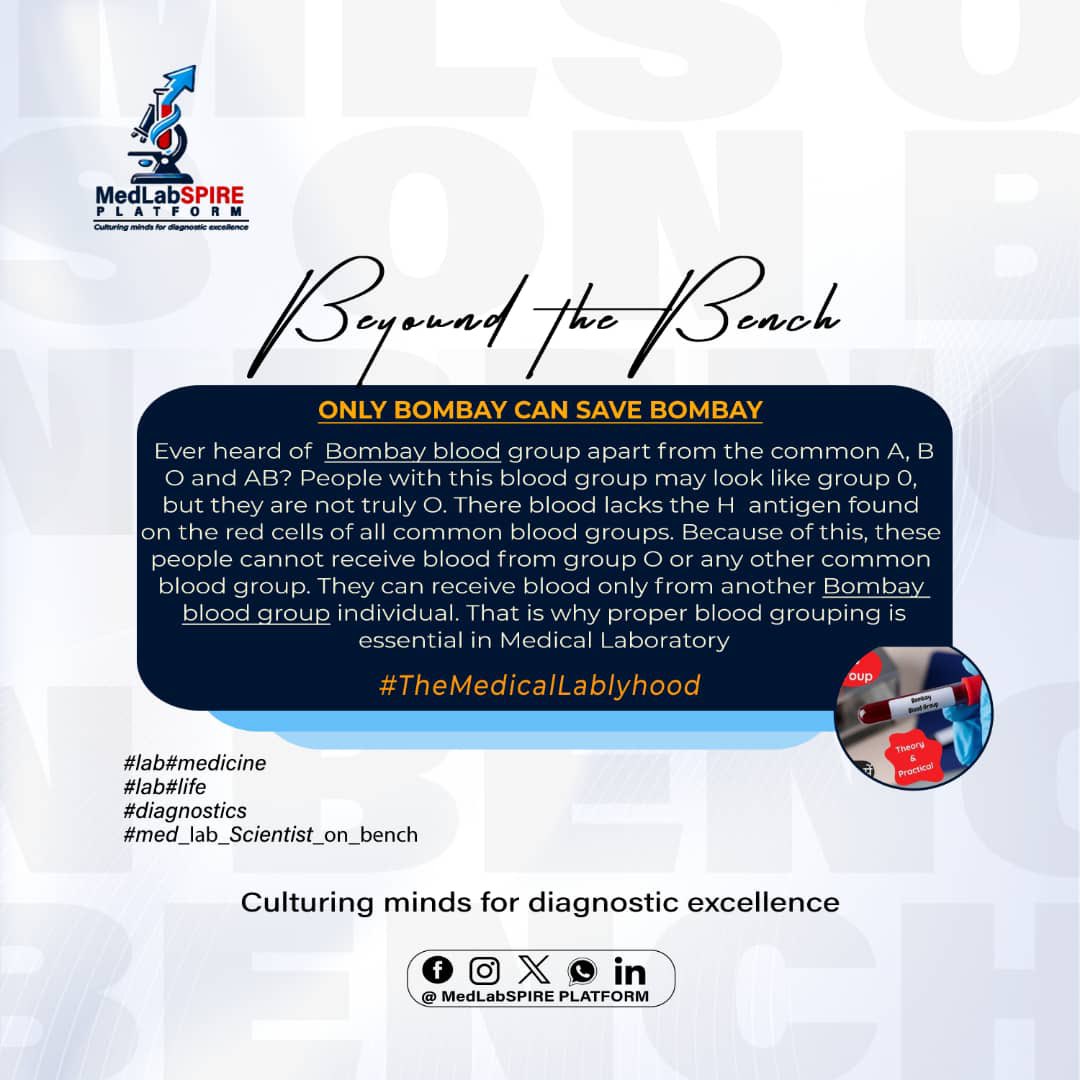 medlabspire's tweet photo. 𝗢𝗡𝗟𝗬 𝗕𝗢𝗠𝗕𝗔𝗬 ��𝗔𝗡 𝗦𝗔𝗩𝗘 𝗕𝗢𝗠𝗕𝗔𝗬 
Here's why
People with Bombay blood group lack the H antigen found  on the RBCs of all common blood groups. So these people cannot recieve blood from group 'O' or any other groups. They can only receive blood from Bombay blood. https://t.co/6gYdc2Hzqq