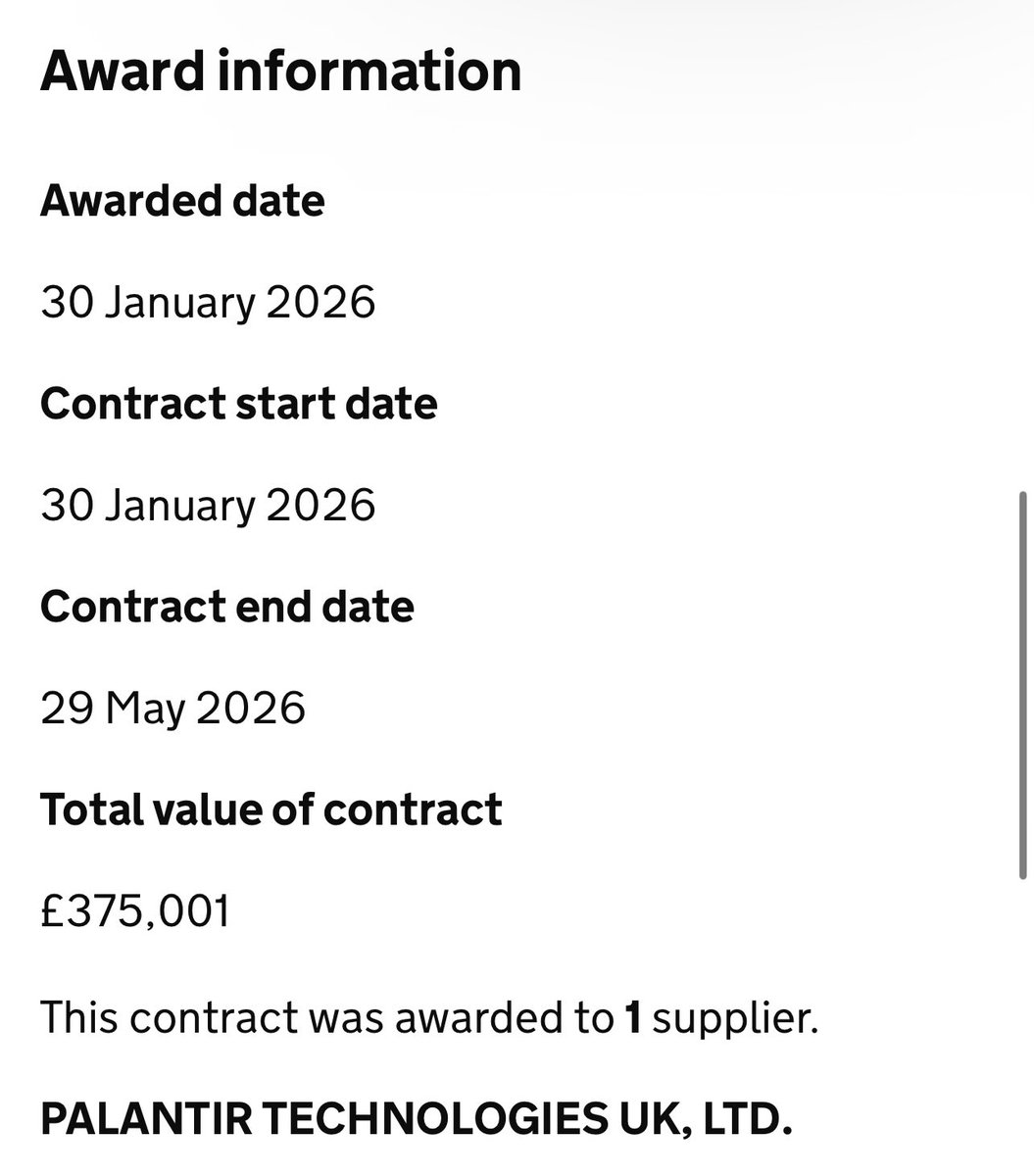 UK government awarded Palantir $PLTR £375k contract. 

A proposal to Deliver a POC to prove a supplier can enable true enterprise search across all FCA datasets-structured, semi-structured, and unstructured-via a federated data or virtualisation layer in line with the Enterprise
