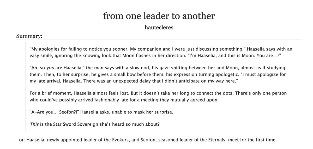 hautecleres's tweet photo. from one leader to another

🌙 haaselia and seofon 
⚔️ 2.9k | G | one-shot
🌙 written for @gbffanzine 
⚔️ first meetings, light humor
🌙 link below! https://t.co/YHkLFC4tmZ