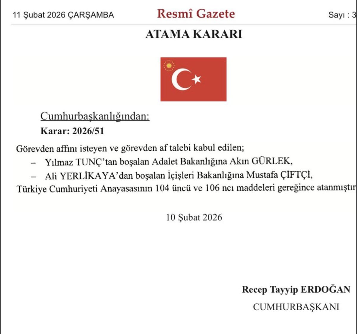 Adalet Bakanlığı’na Akın Gürlek, İçişleri Bakanlığı’na Mustafa Çiftçi getirildi.