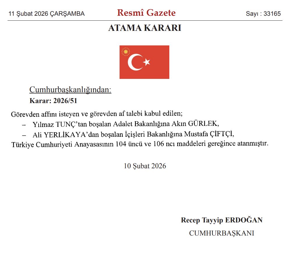 MevzuTr's tweet photo. SON DAKİKA | Resmî Gazete’de Atama Kararı

Cumhurbaşkanlığından yayımlanan 2026/51 sayılı karar kapsamında, görevlerinden affını isteyen ve talepleri kabul edilen isimlerin yerine yeni atamalar gerçekleştirildi.

Adalet Bakanlığına, Yılmaz Tunç’tan boşalan göreve Akın Gürlek,

İçişleri Bakanlığına, Ali Yerlikaya’dan boşalan göreve Mustafa Çiftçi atandı. #kabine #Akıngürlek #Mustafaçiftçi