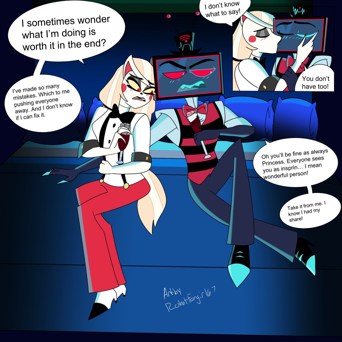 Made an another Au comic of Vox and Charlie. Where they get drunk. While also having a heart to heart conversation with each other. #staticbelle #voxlie #HazbinHotelCharlie #HazbinHotelVox