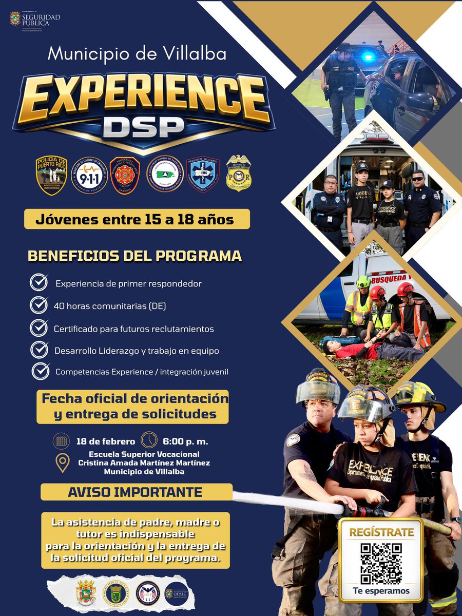🚨 Jóvenes de Villalba y pueblos cercanos: llega Experience DSP.

Si tienes 15-18 años, conoce a los primeros respondedores y desarrolla liderazgo con horas comunitarias certificadas.

📅 18 feb | 6pm
📍 Vocacional Cristina Amada Martínez

Solicita aquí: forms.gle/3KBrA9Bqc1k9wu…