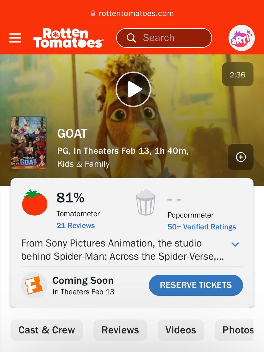 ‘GOAT’ debuts with 81% on Rotten Tomatoes.

The film is set to have the biggest domestic opening for an original animated film since ‘COCO’ in 2017.

Read our review: bit.ly/GoatDF