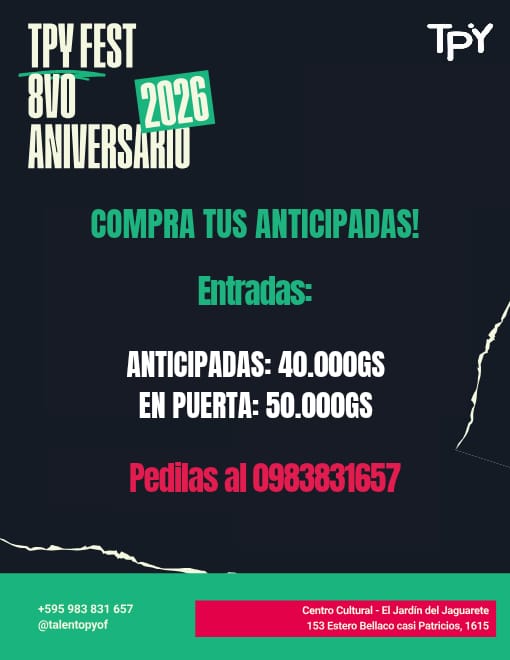 Nos complace anunciar a nuestros media partners que se suman a la celebración de nuestro festival aniversario 😎
<a href="/altmediapy/">altmediapy</a>
<a href="/caritasfmonline/">FMCaritas</a>
Sábado 📅 28 de febrero 
📍 @eljardindeljaguarete_oficial 
Entradas al : 0983831657 👈🏻

#arribaeltalentoparaguayo #tpyfest