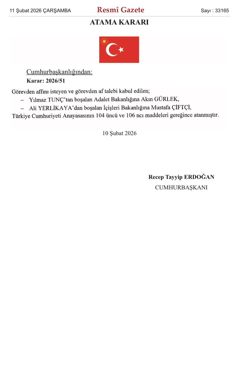 Yenisehirlioglu's tweet photo. Cumhurbaşkanımız Sayın @RTErdogan’ın tensipleriyle; İçişleri Bakanımız olarak atanan Mustafa Çiftçi’yi ve Adalet Bakanımız olarak atanan Akın Gürlek’i tebrik ediyor, yeni görevlerinde başarılar diliyorum.

Görevlerini bugüne kadar büyük bir sorumluluk ve özveriyle yürüten Ali Yerlikaya ve Yılmaz Tunç’a, ülkemize ve milletimize sundukları kıymetli hizmetler için teşekkür ediyorum.

@miamustafacftci
@AliYerlikaya 
@yilmaztunc