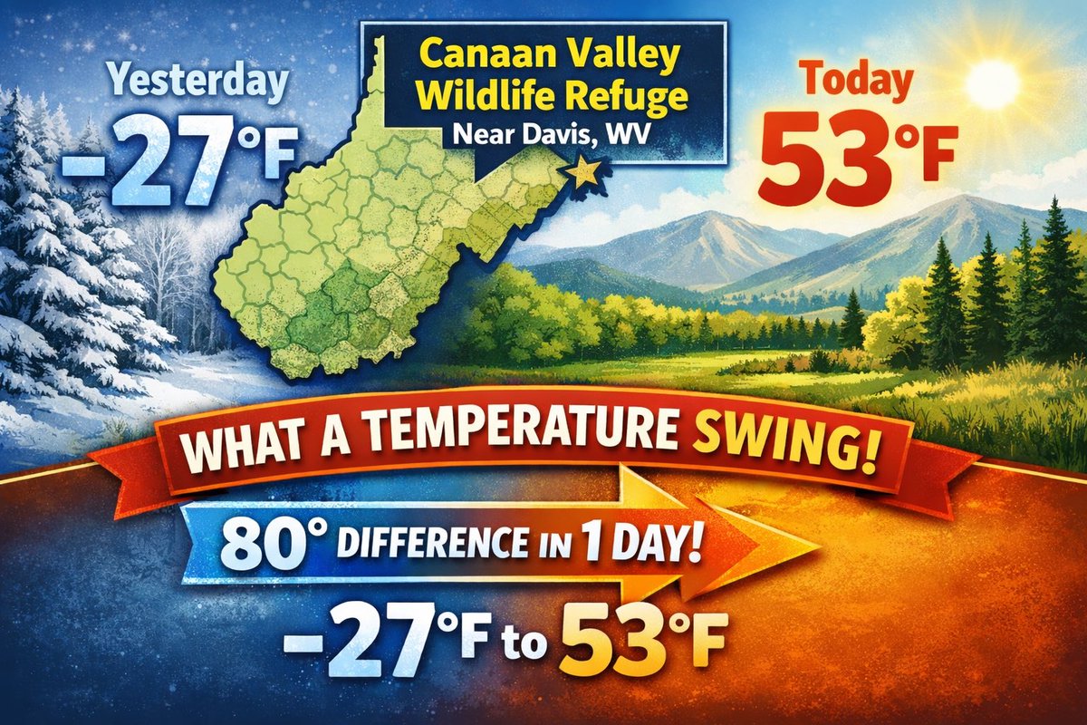 JustinWeather's tweet photo. ‼️ One of the BIGGEST SWINGS I’ve ever seen
🌡️ 80 Degrees ONE DAY APART
🥶 -27°F Monday Morning
☀️ +53°F Tuesday Afternoon

📝 Official station at Canaan Valley National Wildlife Refuge near Davis, WV
*Dyacon weather station is fed through offical NWS data feed. https://t.co/fH0j40bCjK