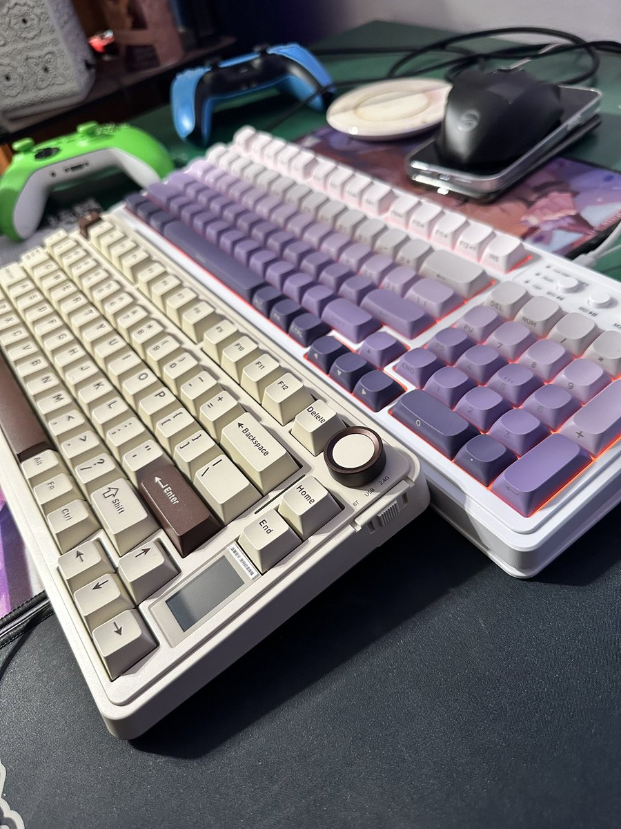 I now own 3 different <a href="/Aula_gear/">Aula</a> keyboards.

The s99 (lavender colorway) being a membrane keyboard makes it super quiet and really smooth, but limits customization. A great option if you like your keyboards as is!

The s75 (mocha colorway) is a super creamy and asmr worthy, AND