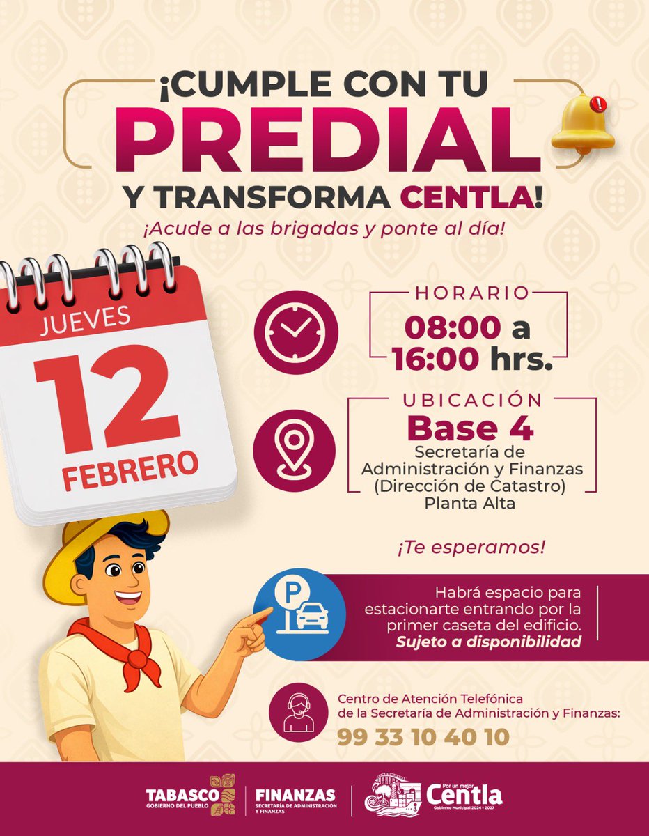 ¡Atención!
Si vives en Villahermosa y tienes una propiedad en Centla, ya no tienes que viajar.

Este jueves 12 de febrero, paga tu predial en Base 4 (Blvd. Adolfo Ruiz Cortines 1905, Col. Centro) de 8:00 a 16:00 hrs.

¡Es momento de cumplir y transformar nuestro estado! 🤝