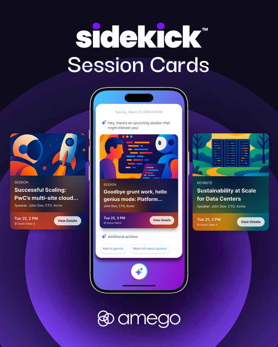 heyamego's tweet photo. Your attendees shouldn’t have to search the app for what’s next.

With Sidekick's AI-powered session cards, the right sessions find them.

Sidekick surfaces upcoming sessions, personalized recommended sessions, and key upcoming moments right inside the app, so attendees always know where to be and what to attend next.

Get the most out of your event app with Sidekick, the AI layer powering even smarter event experiences.

Explore more: https://t.co/0Ea0A89eAd

#EventTech #EventApp #AIEvents #ConferenceTech #AttendeeExperience #EventSoftware
