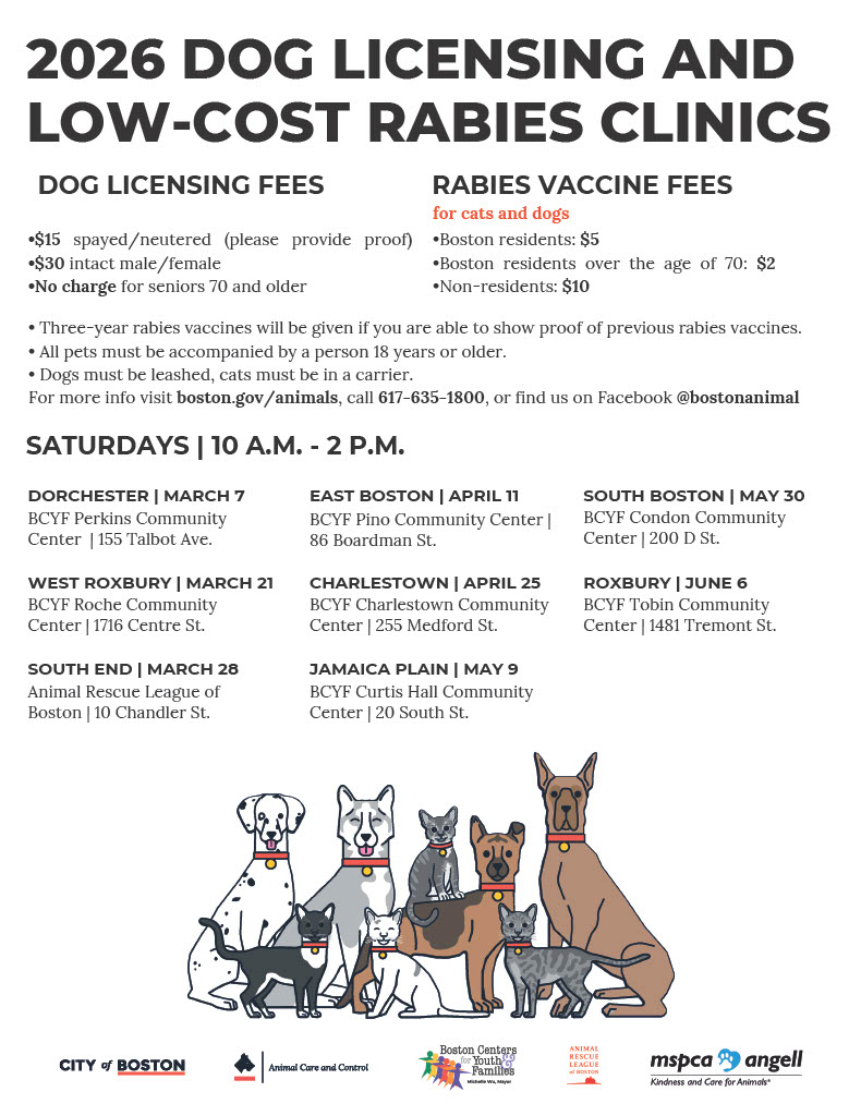 BCYFcenters's tweet photo. Rabies is a big woof. 👎🐶🐾  

The right time is meow to get your dogs (and cats!) licensed and protected!  

Low-cost vaccine clinics are popping up across Boston this spring: 🔗 https://t.co/DUICBRgK5N https://t.co/jGz2OsDy2W