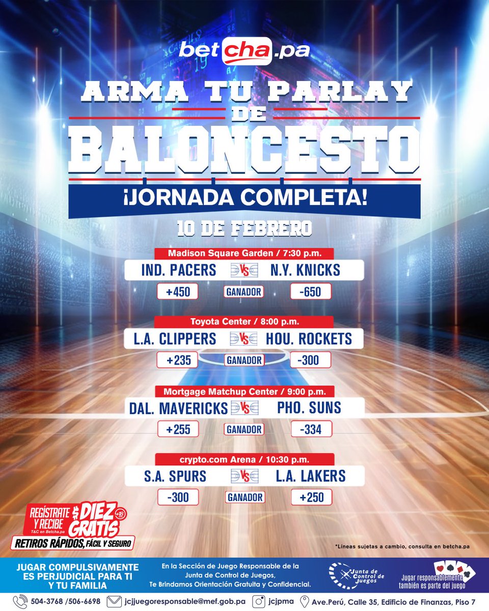 ¡Jornada de hoy! 

4 partidos para esta noche en la NBA y por acá te dejamos las líneas a ganador en cada encuentro. 

Encuentra más opciones para elegir en betcha.pa y arma tu parlay ✔️ 

📲 Regístrate en betcha.pa y recibe $10 DE BONO para tu primera