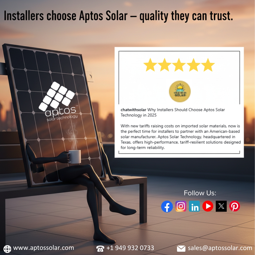 AptosSolar's tweet image. Installers choose Aptos Solar- quality they can trust.

Contact Us:
Website: aptossolar.com
Mobile: +1 949 932 0733
Mail: sales@aptossolar.com

#AptosSolarTechnology #SolarSolutions #InnovativeSolar #SolarWarranty #SolarPower #Microinverters #SolarLeadership #Solar