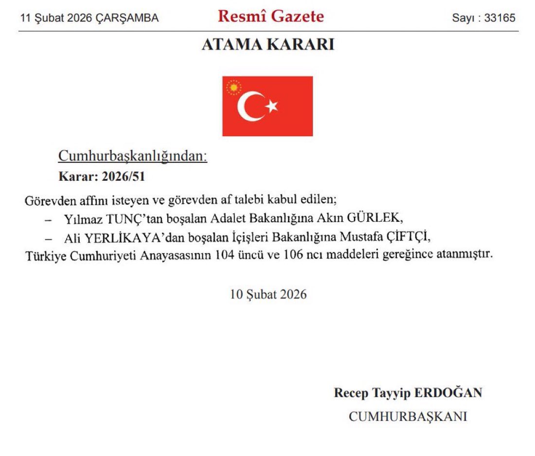Devletimizin bekası, milletimizin huzuru için gece gündüz demeden çalışan Adalet Bakanımız Sayın Yılmaz Tunç’a ve İçişleri Bakanımız Sayın Ali Yerlikaya’ya gayretli çalışmalarından dolayı teşekkür ediyorum.

Görevlerine yeni atanan Adalet Bakanımız Sayın Akın Gürlek’i ve İçişleri