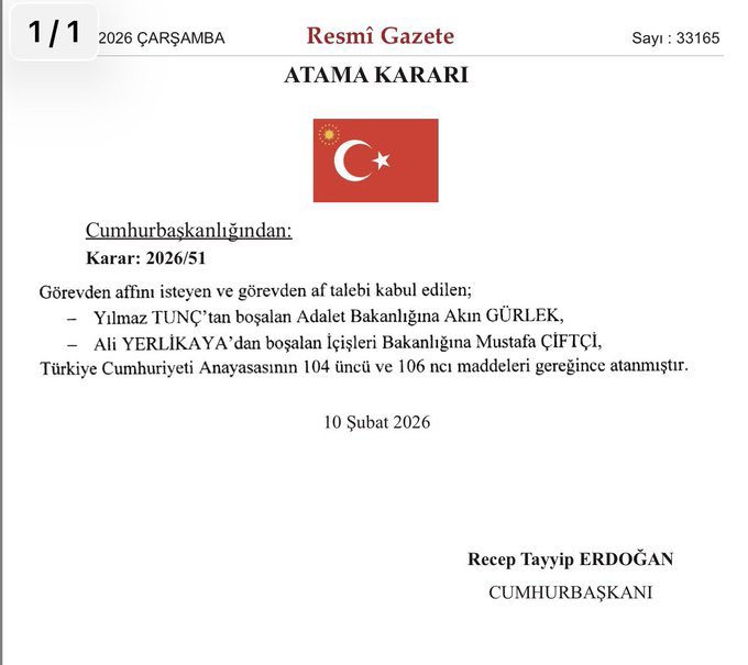 Cumhurbaşkanımız Sayın Recep Tayyip Erdoğan’ın tensipleriyle İçişleri Bakanlığı görevine atanan Sayın Mustafa Çiftçi’yi ve Adalet Bakanlığı görevine atanan Sayın Akın Gürlek’i tebrik ediyor, görevlerinde üstün muvaffakiyetler diliyorum.

Görevlerini devreden Adalet Bakanımız