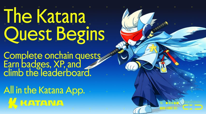 Katana $KAT team launched a rewards campaign 💫 complete tasks and earn points and badges.

☄️What to do?
• Go to: app-katana.network/quests
• Connect wallet
• In the Quests tab, connect X (Twitter) and verify your wallet;
• Complete current quests;

$KAT is coming 🏃‍♀️
#Katana