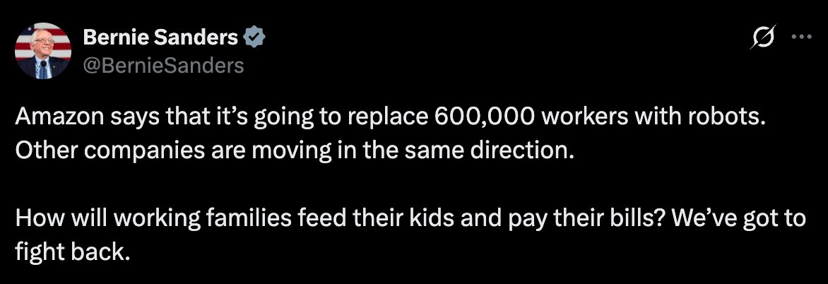 the official bernie sanders position is that amazon is a miserable, awful place to work but that humans must continue to work there