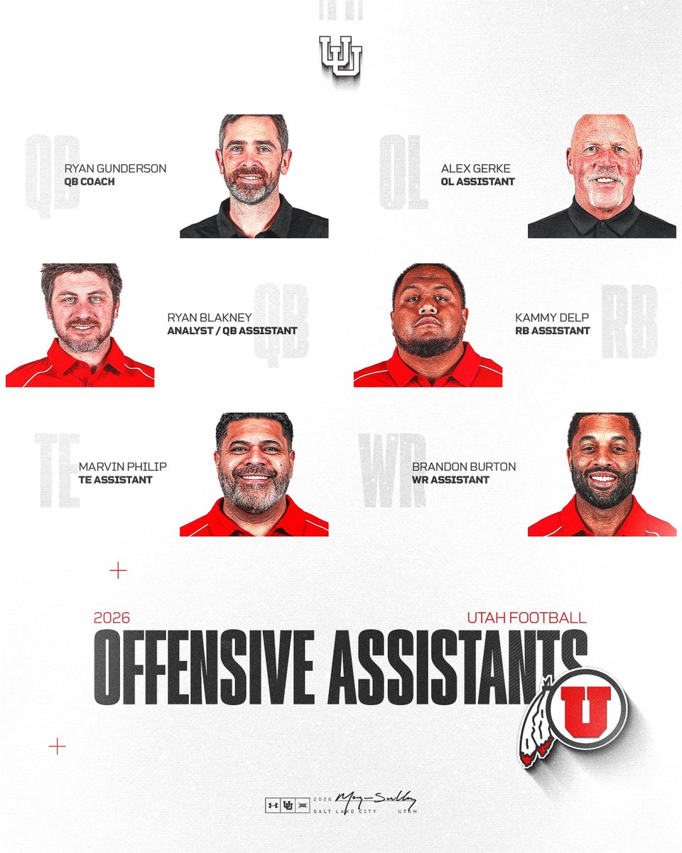 𝟐𝟎𝟐𝟔 𝐀𝐬𝐬𝐢𝐬𝐭𝐚𝐧𝐭 𝐂𝐨𝐚𝐜𝐡𝐞𝐬 thread: 🧵

𝐎𝐟𝐟𝐞𝐧𝐬𝐢𝐯𝐞 𝐀𝐬𝐬𝐢𝐬𝐭𝐚𝐧𝐭𝐬

🔴 <a href="/itsGundy/">Ryan Gunderson (aka Gundy)</a> 
🔴 Alex Gerke
🔴 <a href="/CoachRBlakney/">Ryan Blakney</a> 
🔴 <a href="/KammyDelp_Utah/">Kammy Delp</a> 
🔴 Marvin Philip
🔴 Brandon Burton

#GoUtes